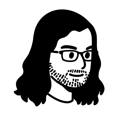 Drawing of my face in black and white depicting long hair, glasses, and a beard